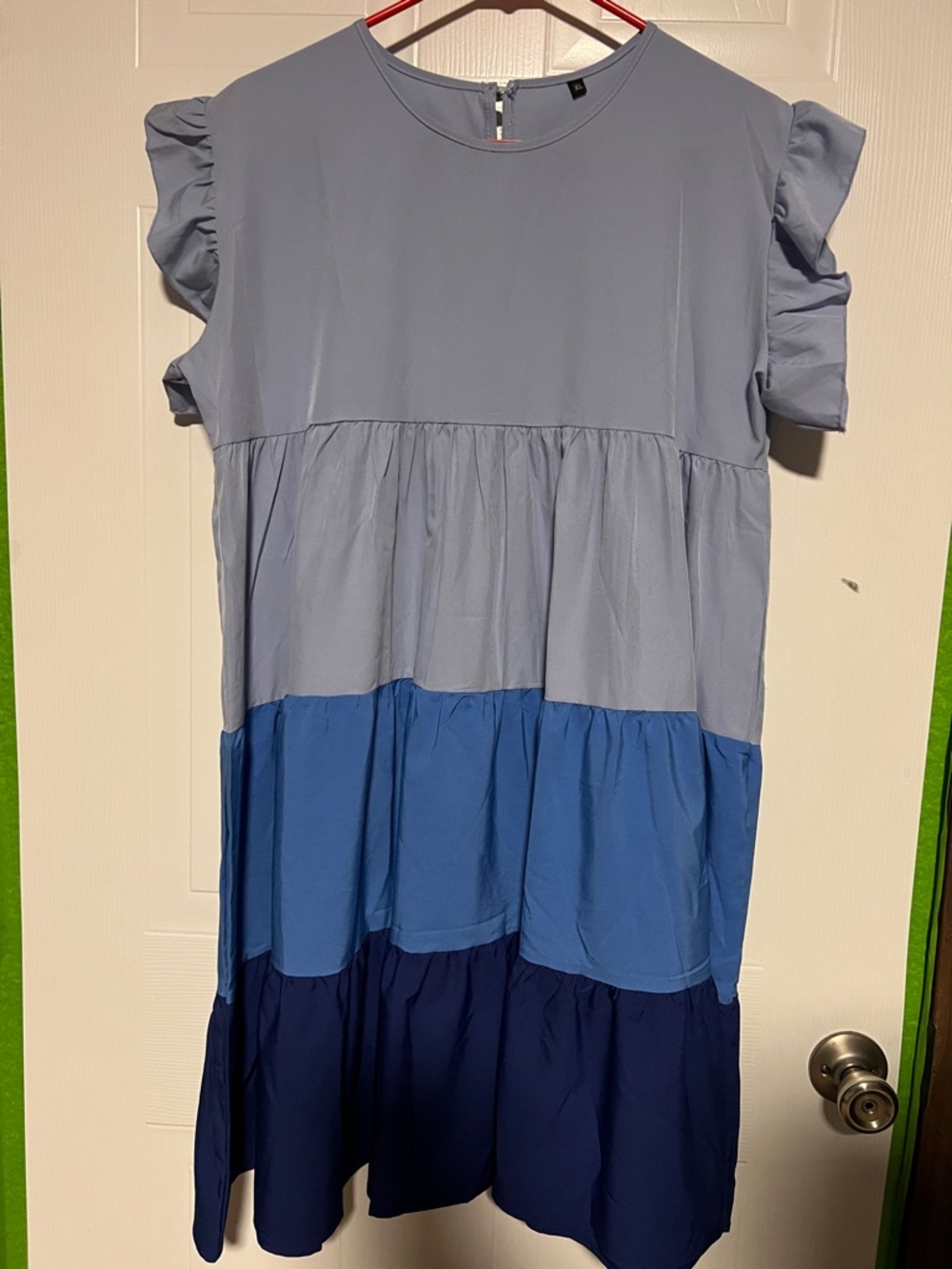 SHEIN Girls' Ruffle Sleeve Tiered Colorblock Dress - Light Blue/Blue/Navy